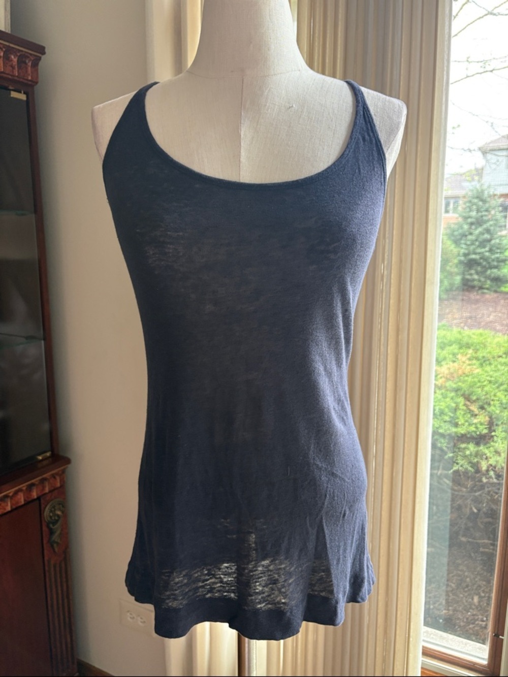 All Saints Navy Scoop Neck LINEN racer back Tank Top lightweight longer size 4